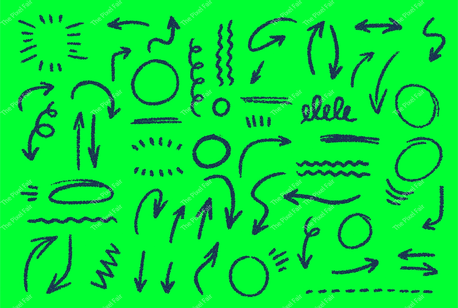 Set of black chalk brush texture hand drawn arrows and circles on green screen chroma key background.