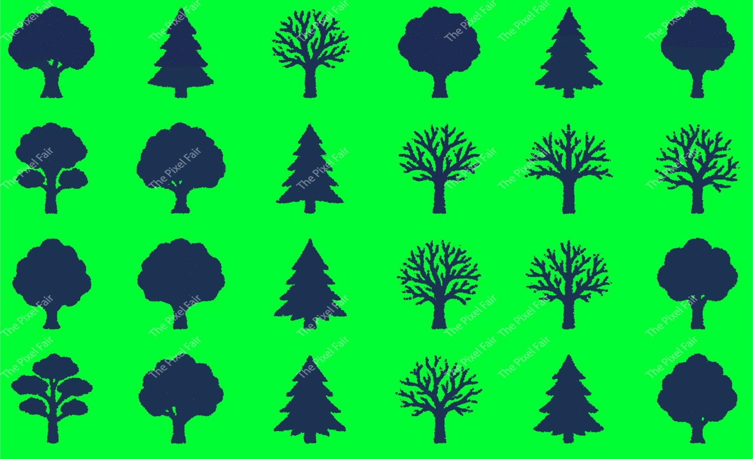 Set of black chalk brush texture trees on green screen chroma key background, various forest and garden.