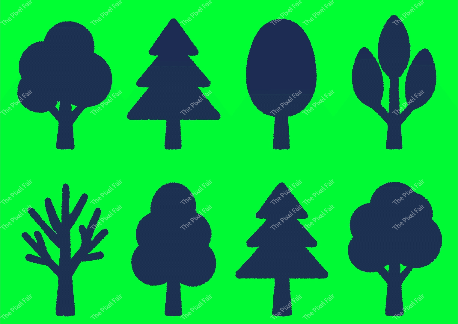 Collection of diverse tree silhouettes including deciduous and coniferous types for nature graphics.