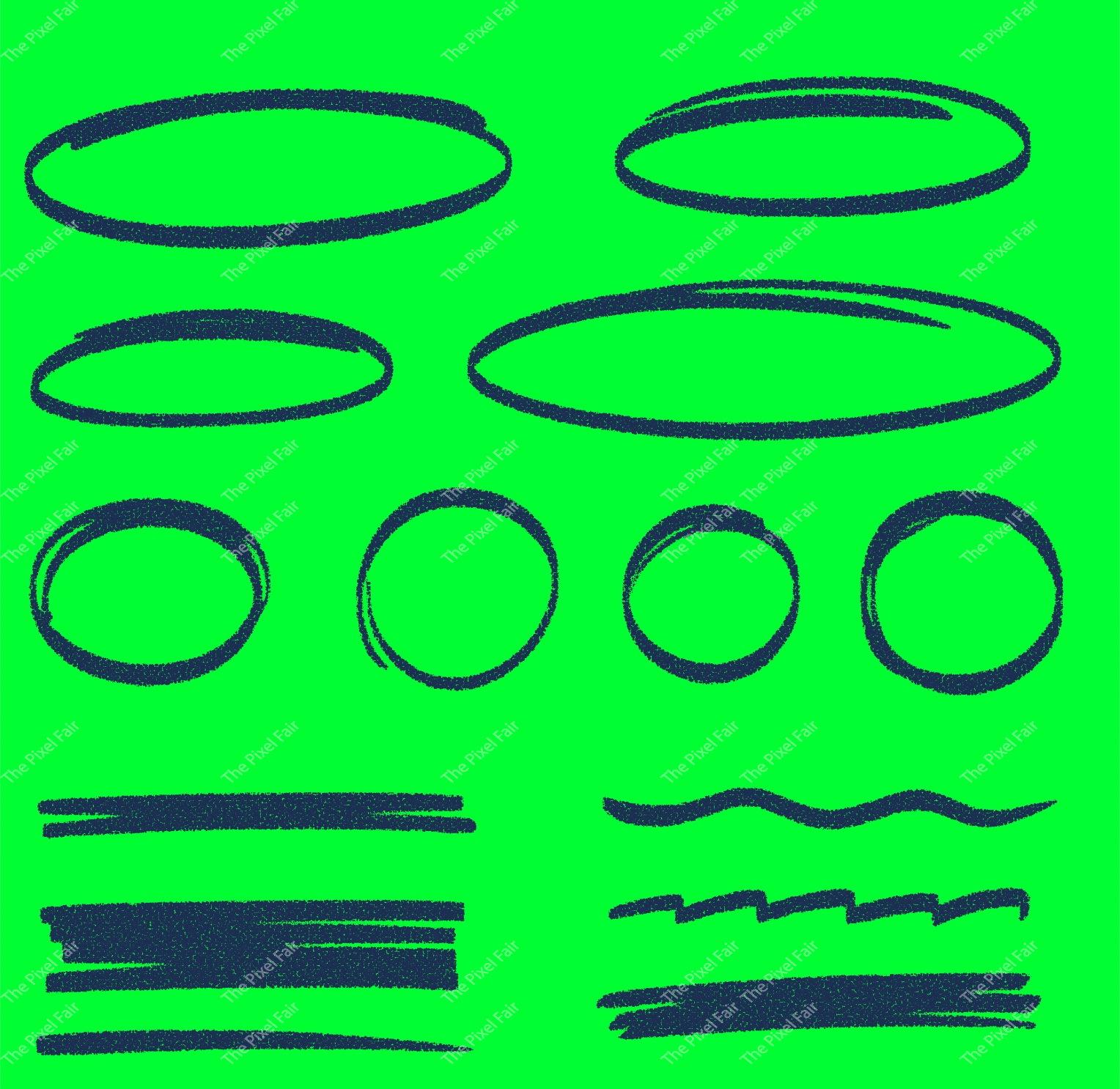 Set of black chalk brush texture hand drawn circles and lines on green screen chroma key background.