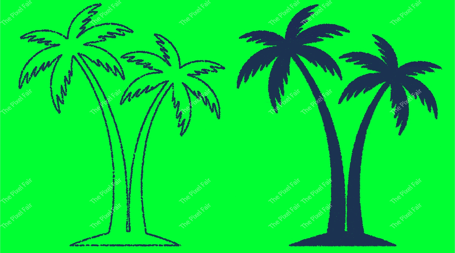 Two tropical palm trees hand drawn doodle sketch style on green background for summer holiday posters and beach patterns.