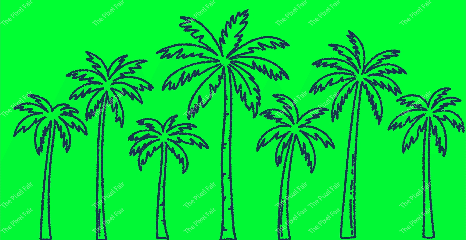 Group of six detailed tropical palm trees in sketch style on green background for summer brochures and travel branding.