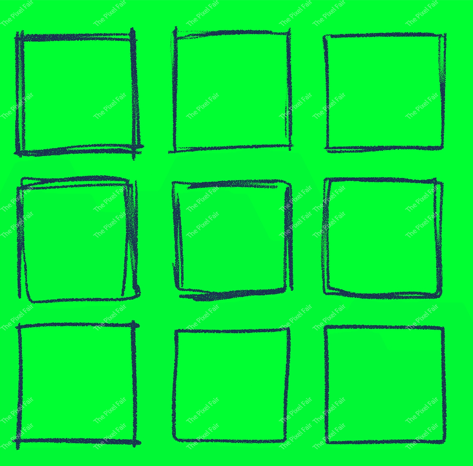 Set of nine hand drawn square frames in rough sketch style isolated on green for artistic photo borders and web design.