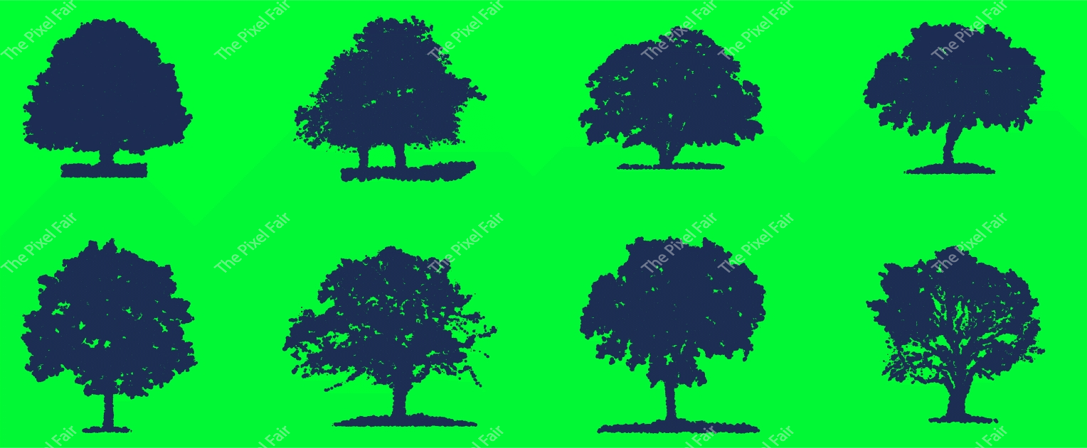 Deciduous tree silhouettes set dark navy blue forest elements on green background for environmental landscape designs.