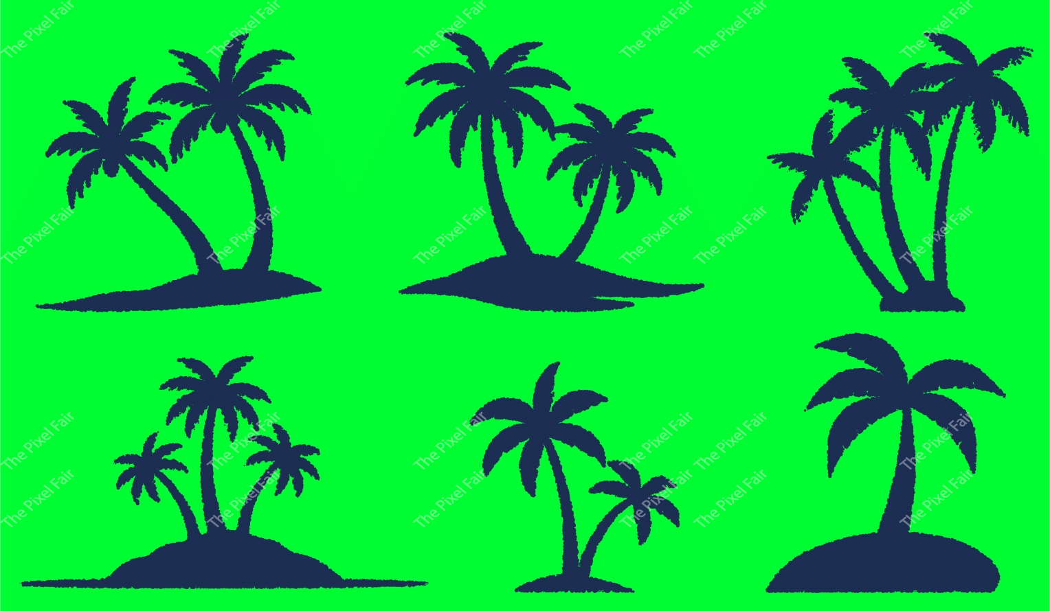 Tropical island palm tree silhouettes set dark navy blue trees on green background for summer landscape design assets.