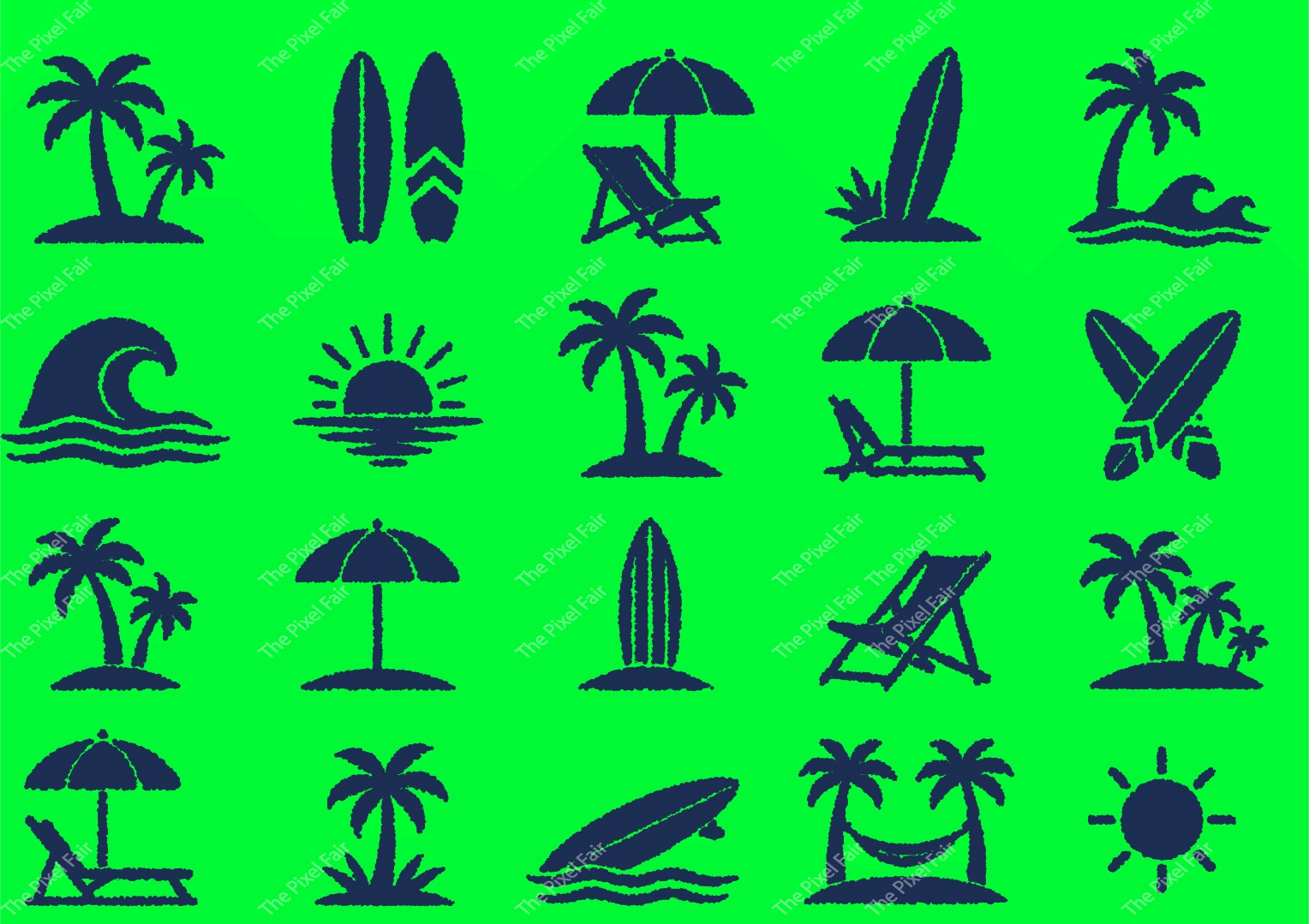 Beach vacation summer holiday icons dark navy blue set with surfboards palm trees lounge chairs and sun sea elements.