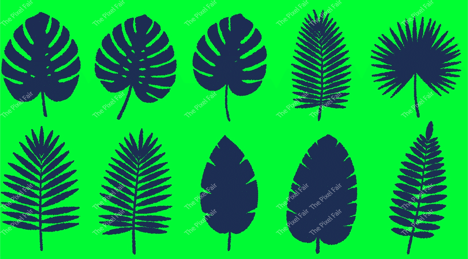 Tropical palm tree leaves foliage collection dark navy blue silhouettes on green background for nature design projects.