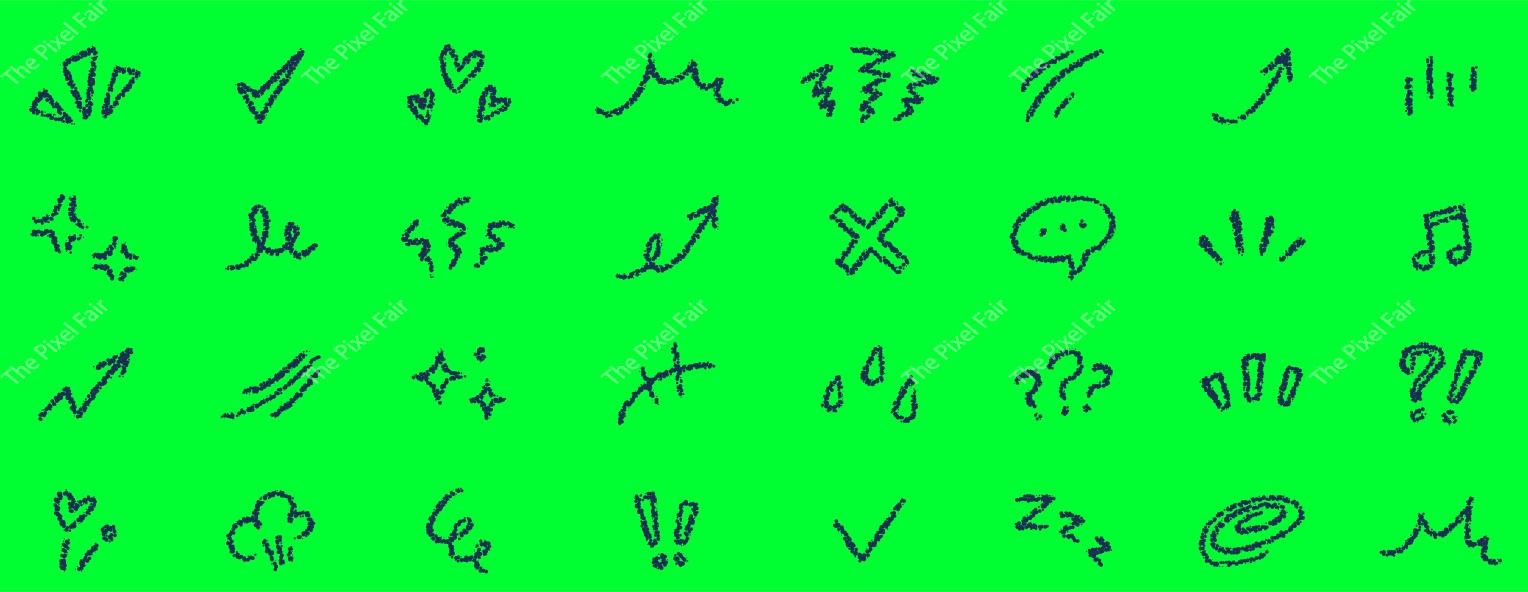 Hand drawn doodle set with various emotional expressions and creative graphic symbols on vibrant green background elements.