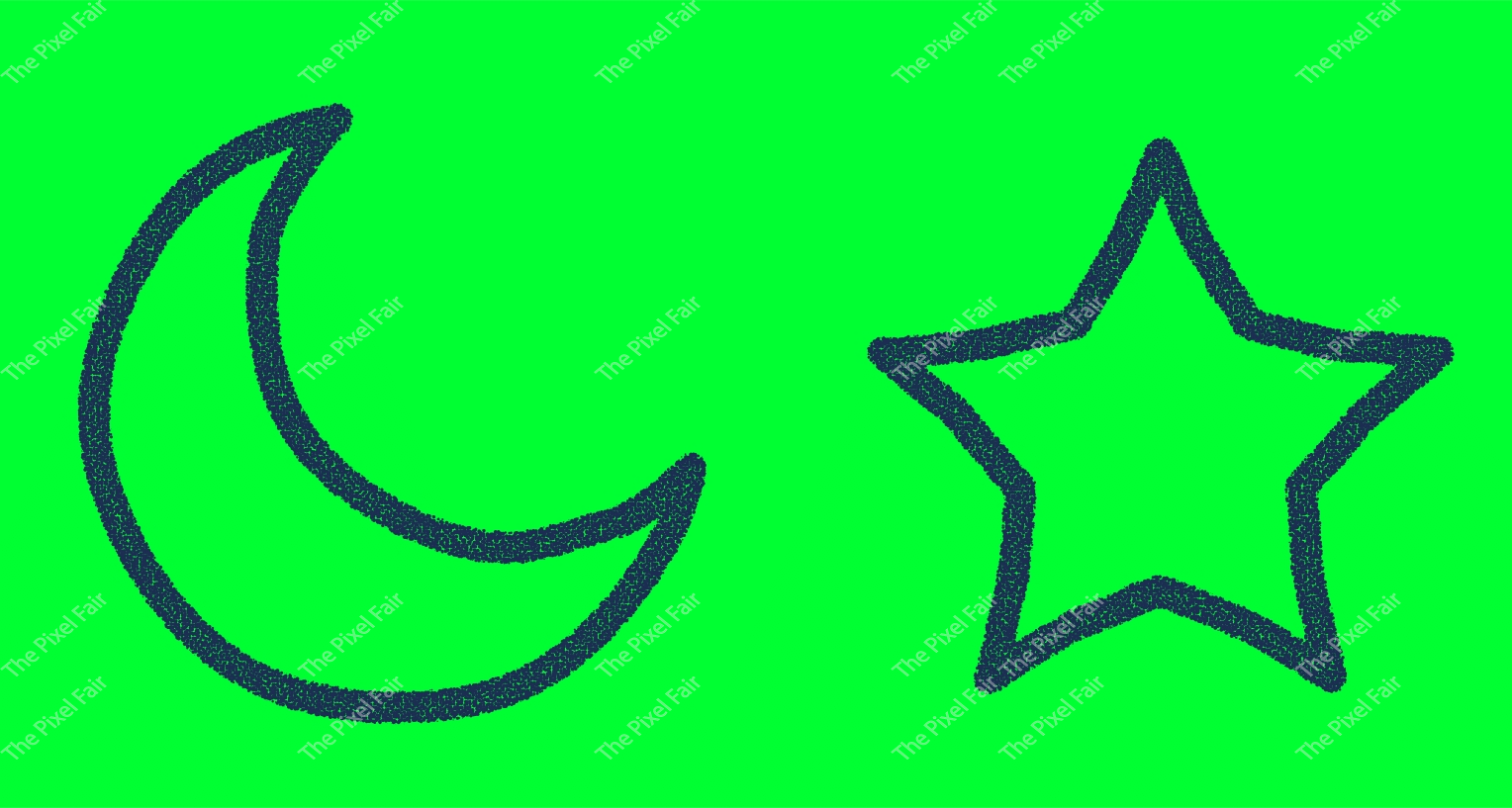 Crescent moon and five pointed star hand drawn sketch icons isolated on bright green background for artistic decoration.