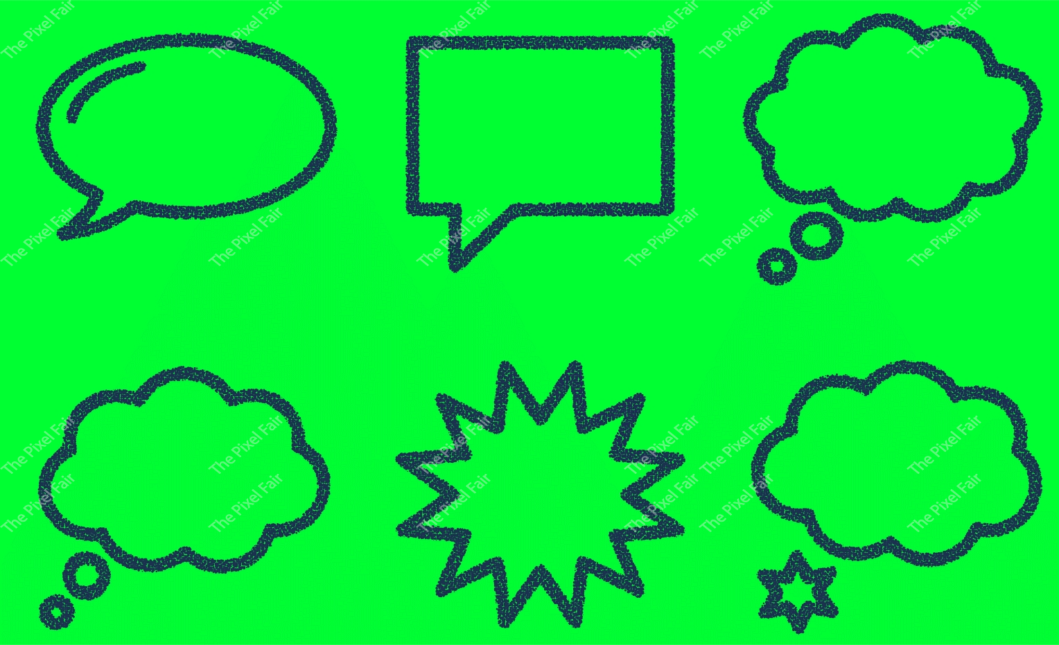 Speech bubble set featuring variety of thought and dialogue shapes on bright green background for creative communication.