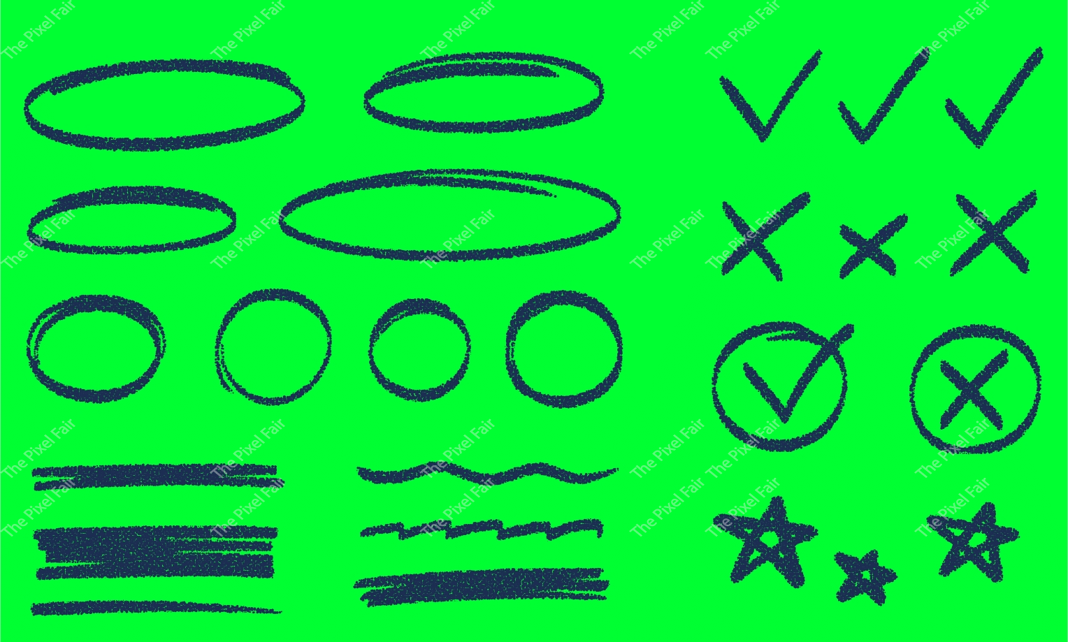 Hand drawn circular and oval frames with check marks and cross symbols on green background for business design elements.