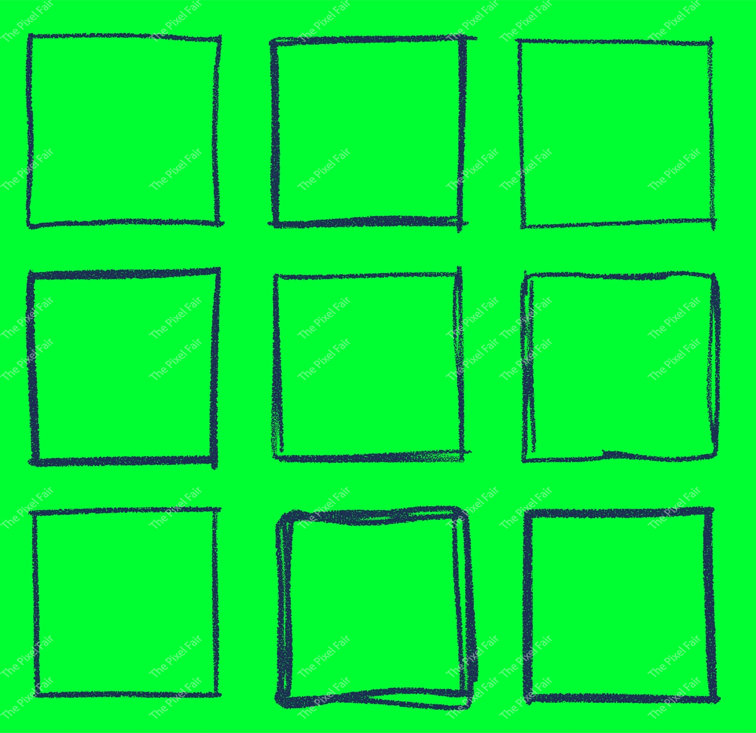 Square frame collection featuring hand drawn sketch style borders on bright green background for graphic design projects.