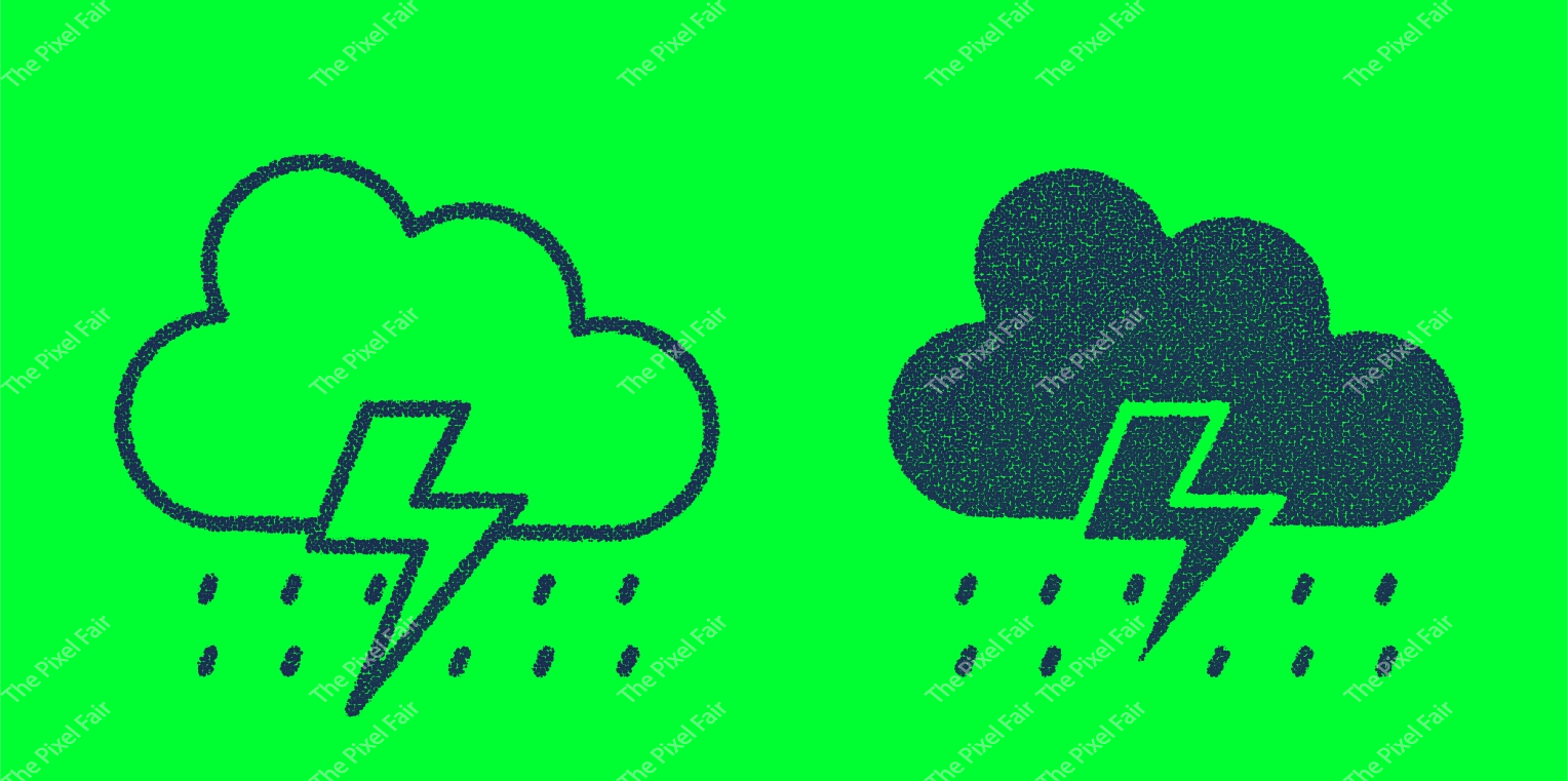 Minimalist stippled storm cloud vector set featuring thunderbolt and rain icons on vibrant green for weather application.