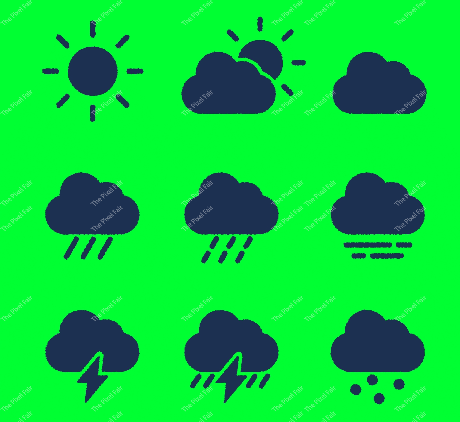 Comprehensive weather icon collection with grainy sun clouds rain and snow symbols for meteorological forecasting app.