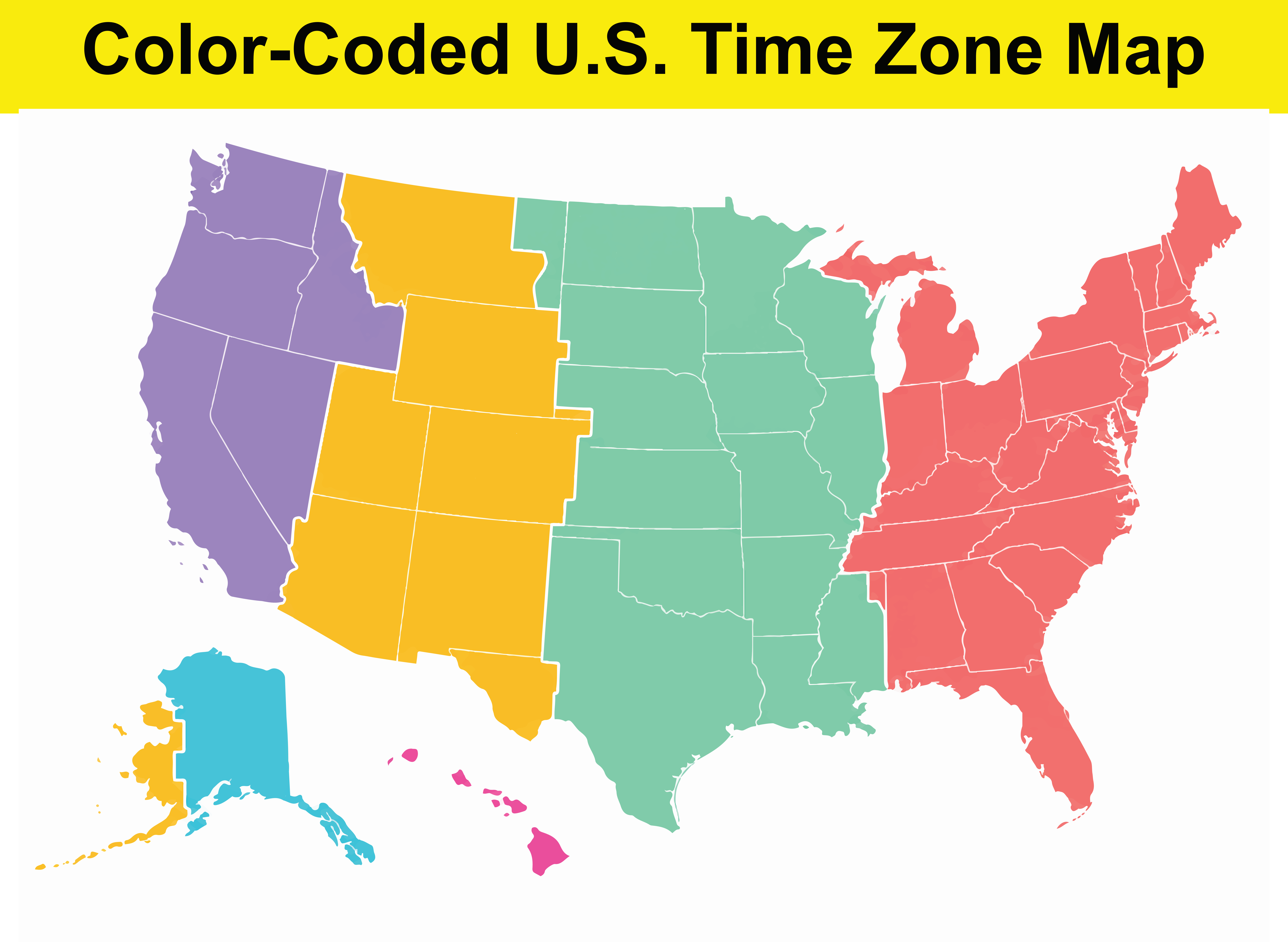 color coded us time zone map of continental united states alaska hawaii with state borders.