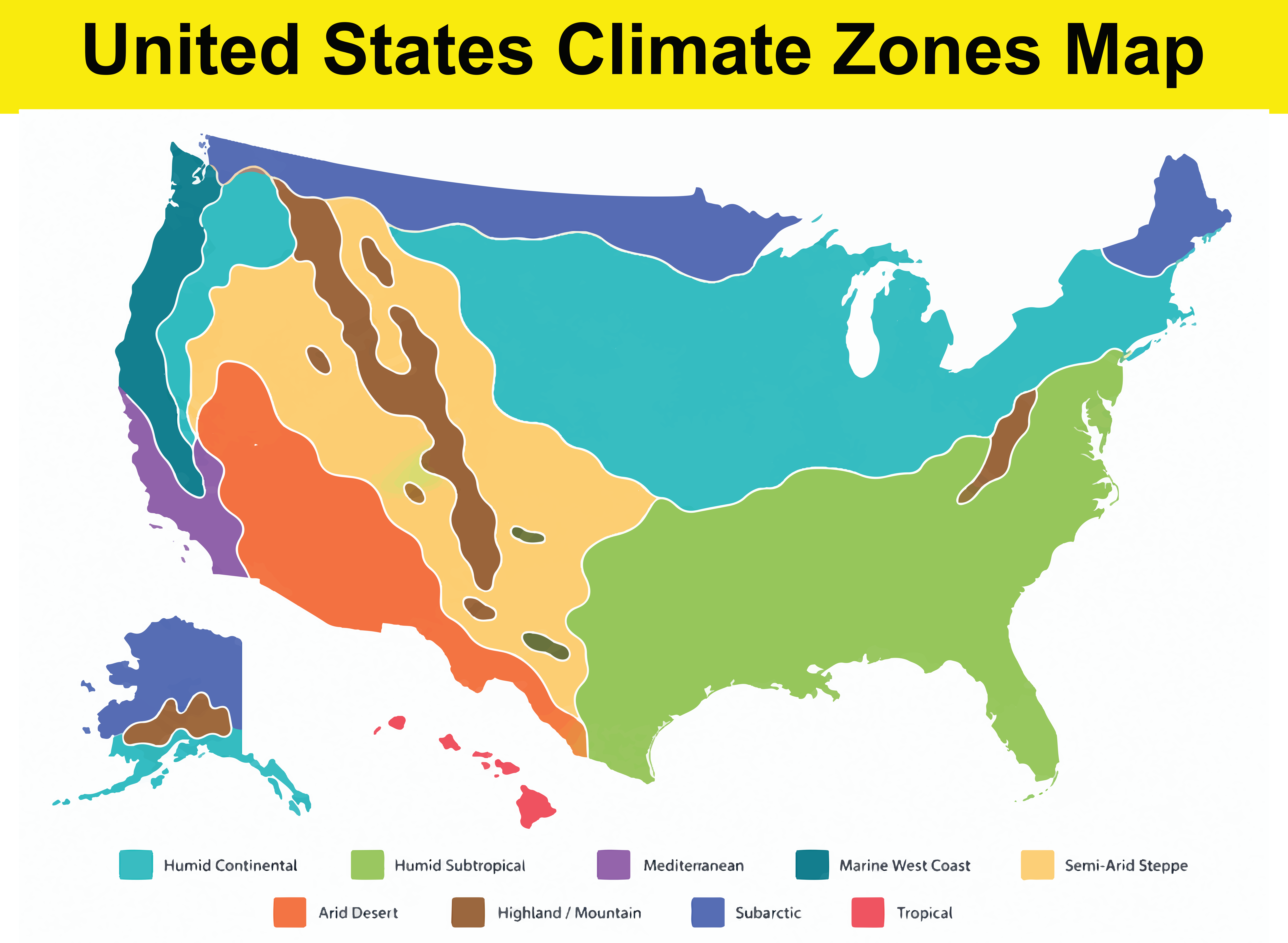United States climate zones map showing varied ecological regions and weather classifications across the country.