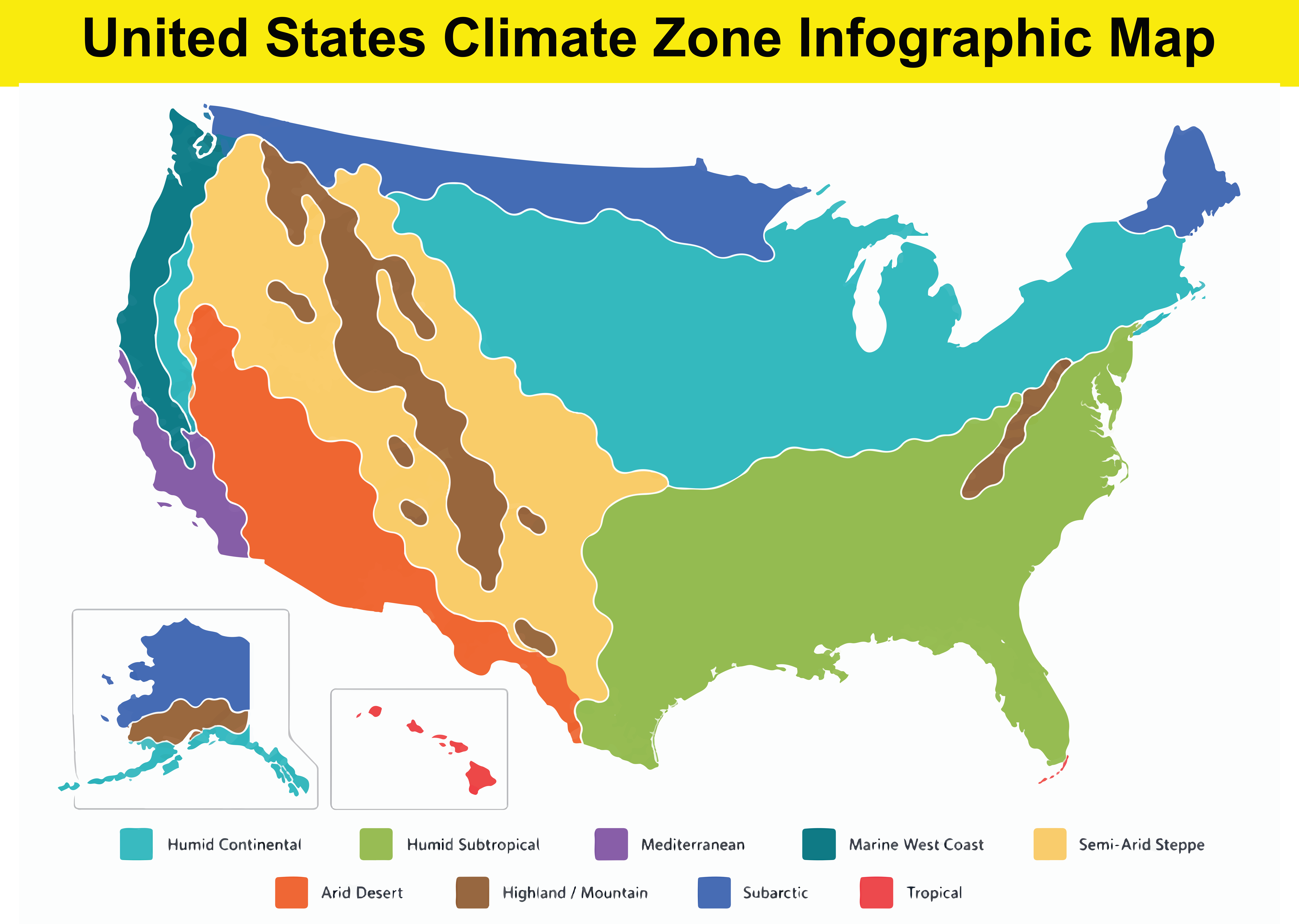 United States climate zone infographic map illustrating diverse weather patterns and regions across America.
