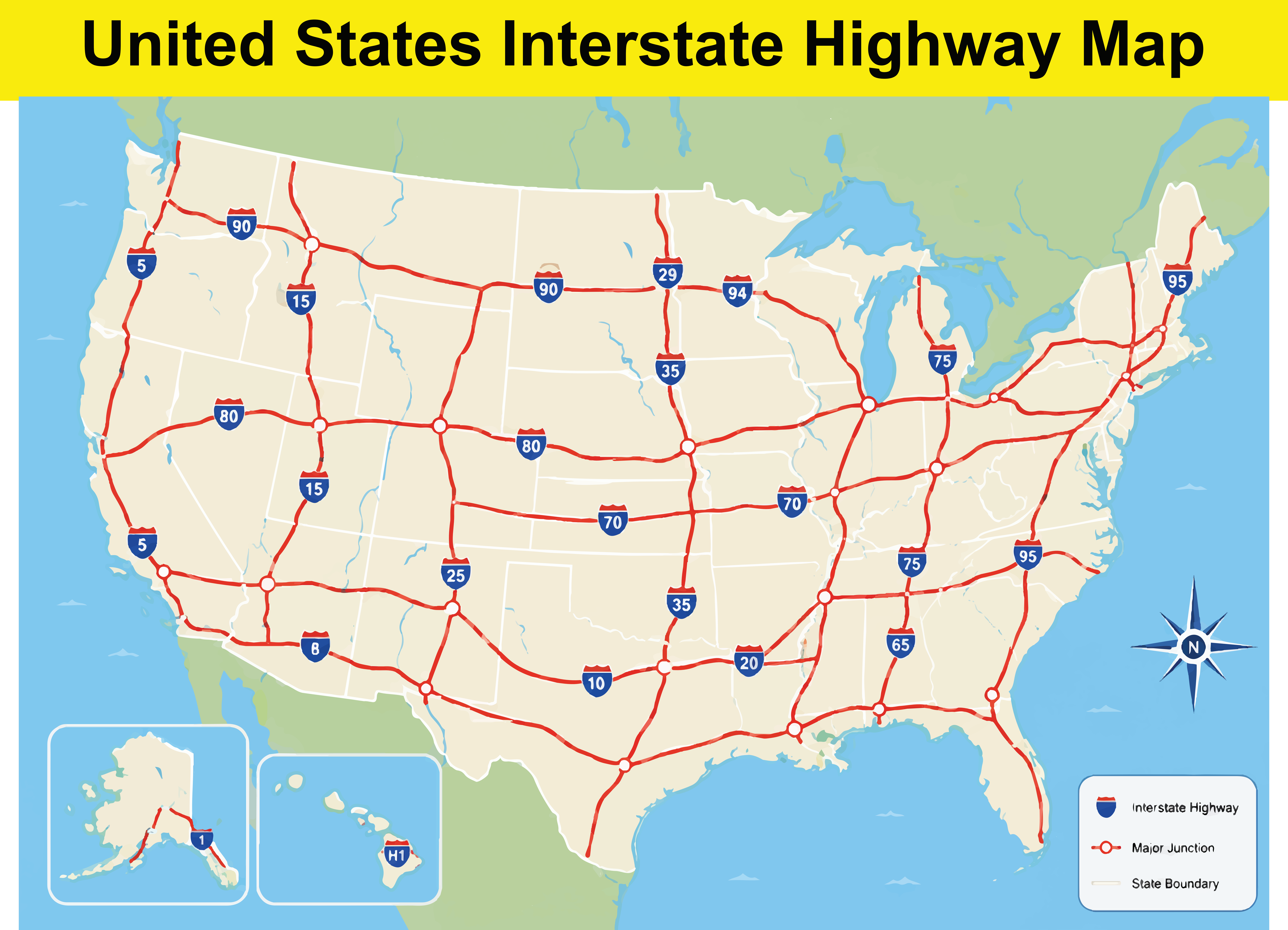 United States interstate highway map displaying major routes and junctions across the country.
