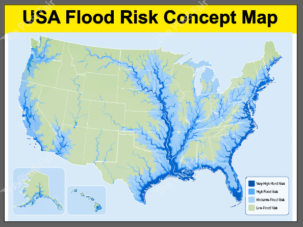usa flood risk concept map of continental united states alaska hawaii showing water levels.