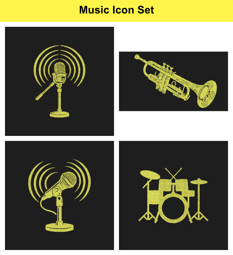 Music icon set with golden dotted design featuring trumpet microphone and drum kit for audio related concepts.