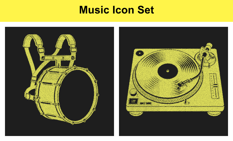 Yellow snare drum with harness and turntable record player for music icon set and audio equipment themes.
