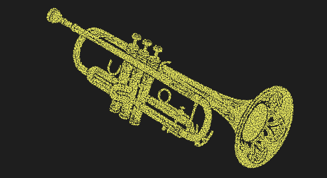 Yellow stippled trumpet brass instrument silhouette on black background for jazz festival and classical music orchestra art.