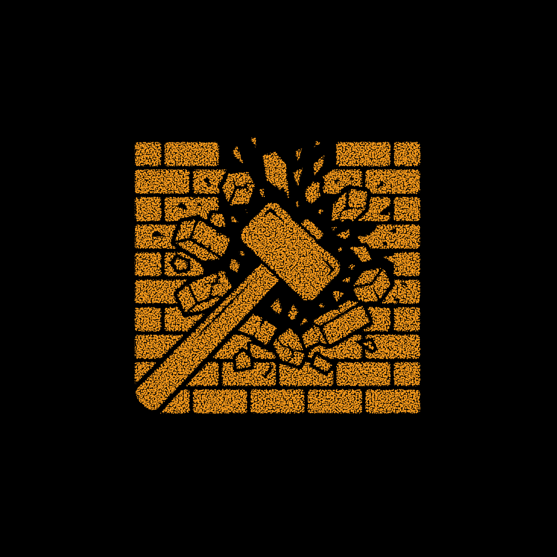 Sledgehammer breaking brick wall in orange dots for demolition, renovation, and construction breaking barriers.