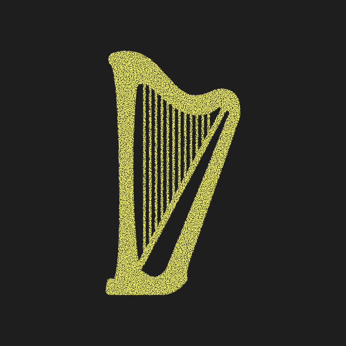 Yellow stippled harp silhouette with detailed strings on dark background for elegant classical music and orchestral design.