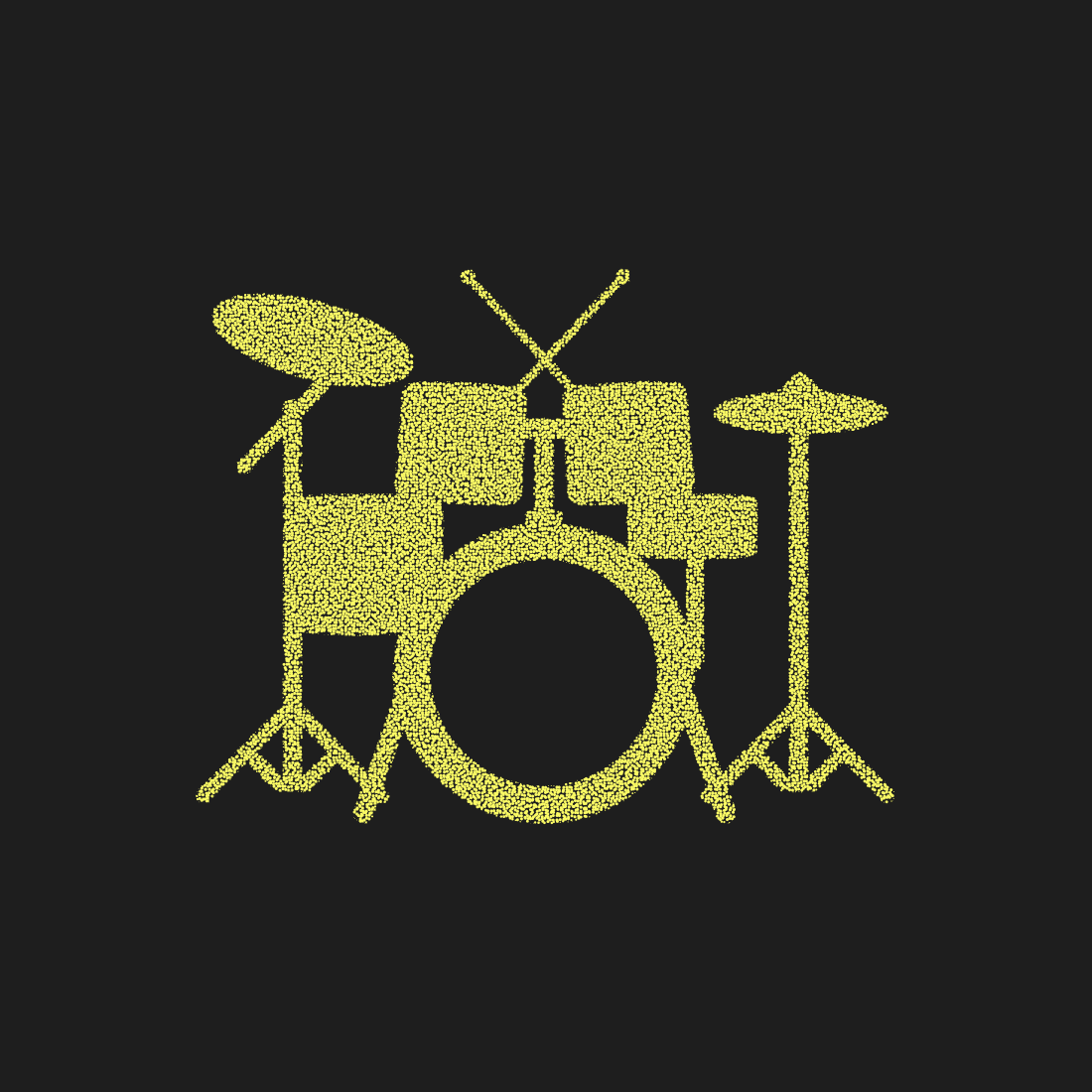 Stippled yellow drum kit silhouette on dark background features bass drum cymbals and snares for band music concert flyers.
