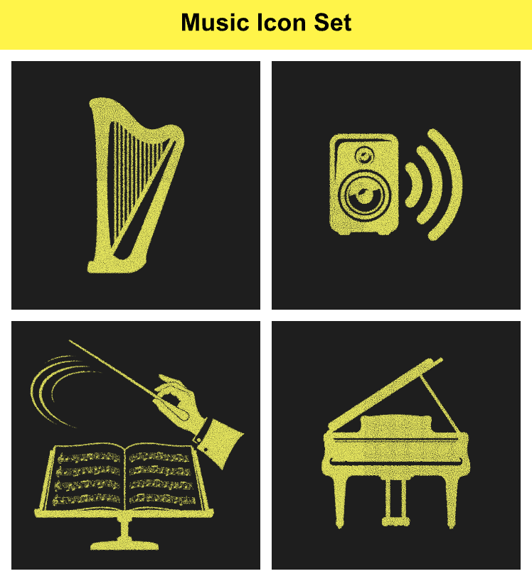 Music icon set featuring stippled harp speaker conductor hand and grand piano for diverse orchestral and audio media needs.
