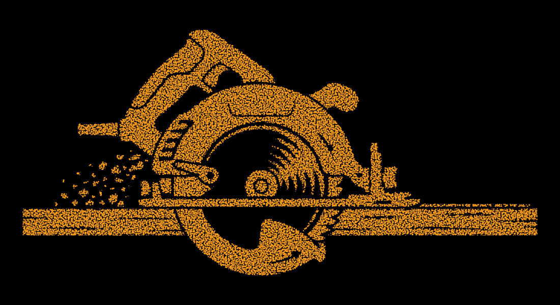 Circular saw cutting through wood in a golden dotted design for carpentry and construction projects.