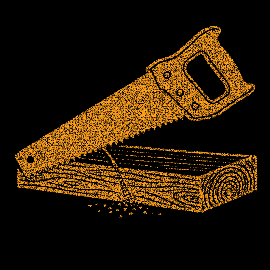 Orange handsaw cutting wood plank in yellow sawdust for carpentry and DIY project themes and tool illustration.