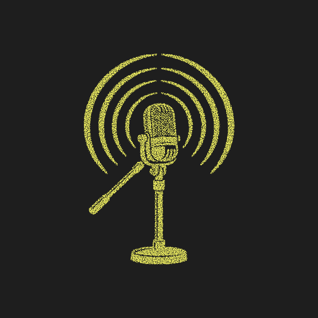 Vintage studio microphone with radio sound waves yellow stippled design for podcasting and broadcasting media projects.