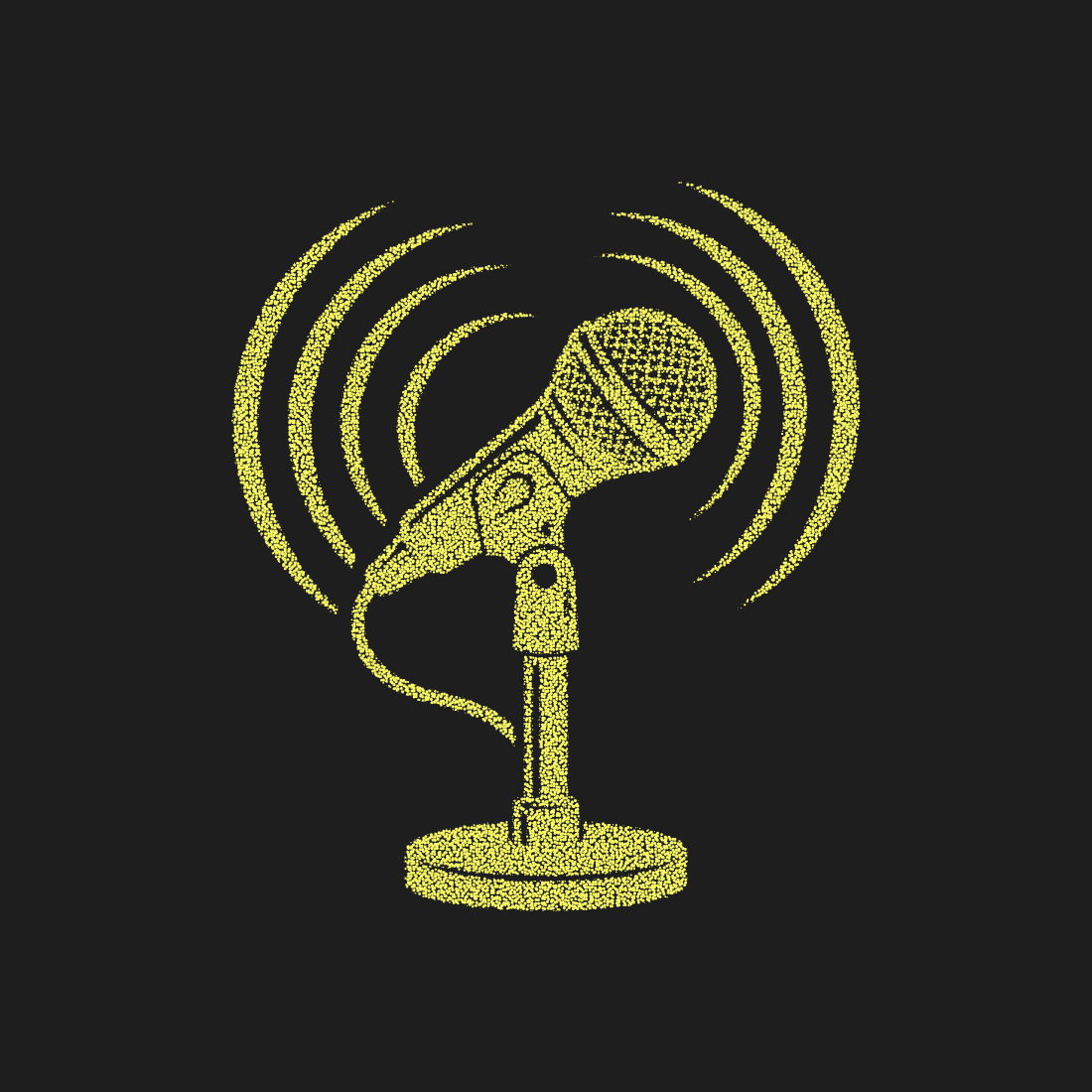 Retro stippling microphone icon with signal waves on black background ideal for podcasts radio and music design.
