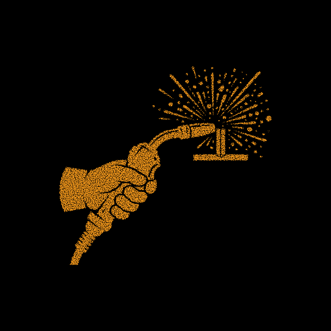 Gloved hand operating mig welding gun with spark explosion stippled vector illustration for metal fabrication work.