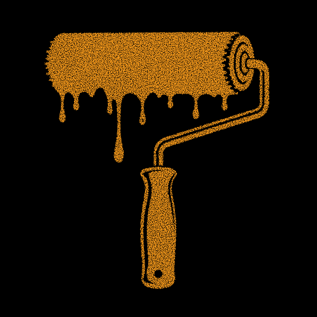 Paint roller with dripping orange ink texture isolated on black background for interior design renovation construction work.