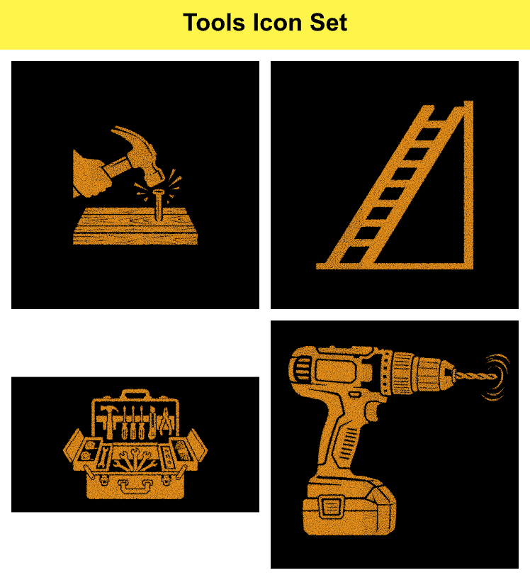 Hardware tools icon collection including hammer hammering nail ladder open toolbox and cordless drill driver graphic.