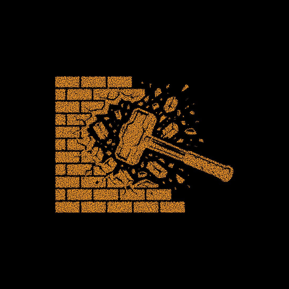 Heavy hammer smashing into a brick wall causing bricks to shatter and debris to fly impact and destruction concept.