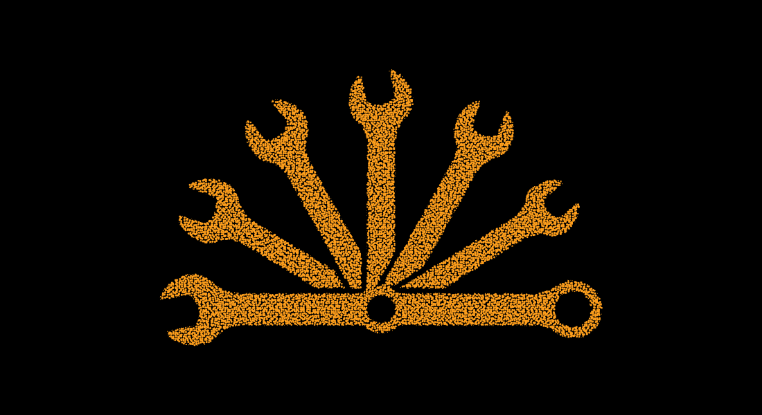 Set of golden spanners arranged in fan shape over solid black background industrial repair tools collection.