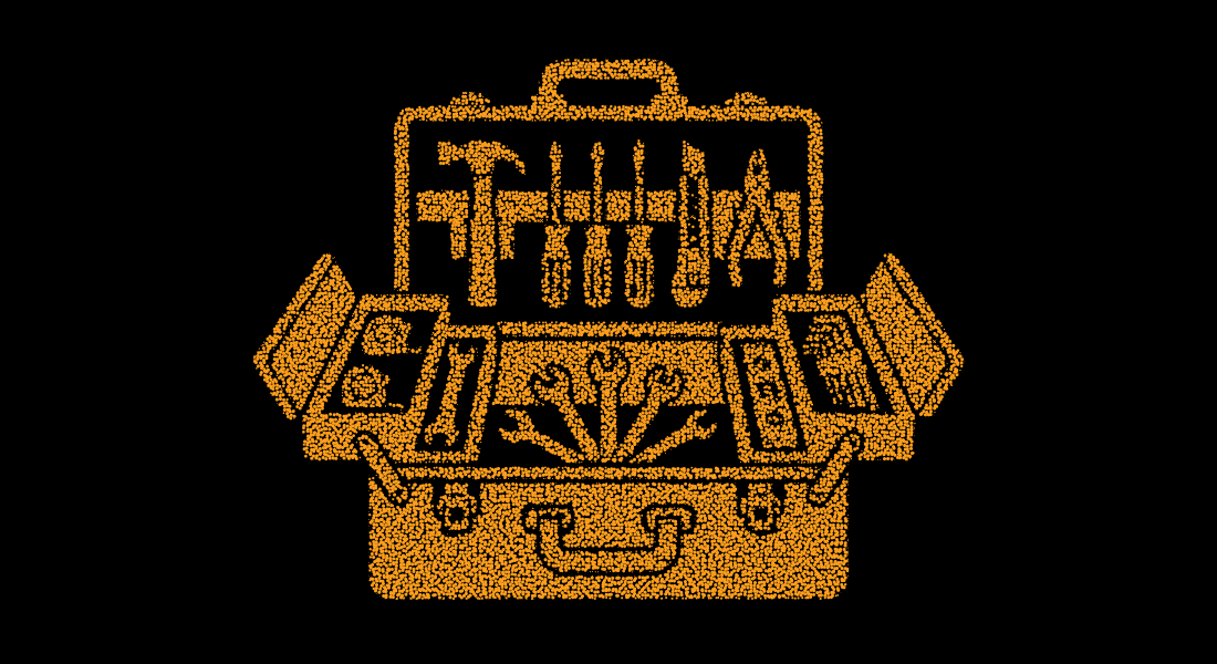 Opened toolbox packed with hand tools orange stippled vector graphic for carpentry and maintenance service.