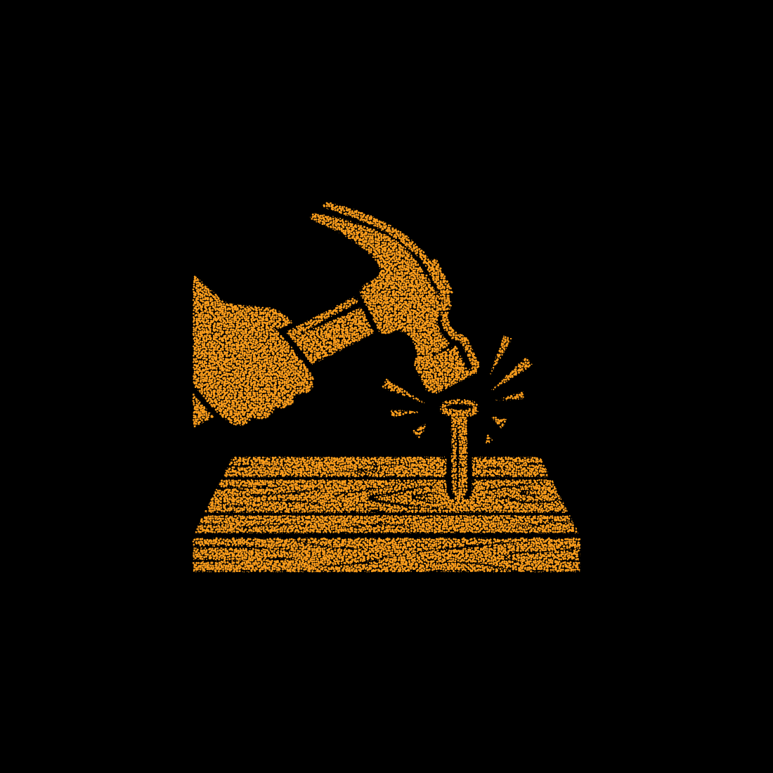 Hand hammering nail into wood plank orange stippled vector graphic perfect for carpentry and DIY home repair.
