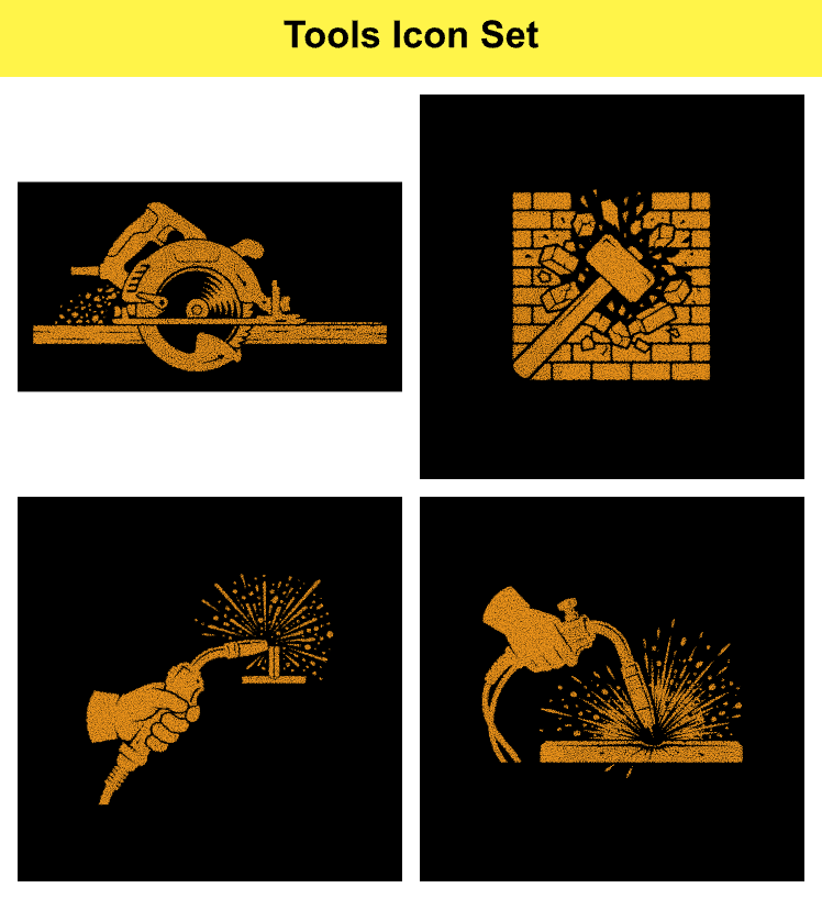 Tools icon set with golden dotted design featuring a circular saw hammer and welding equipment for construction.