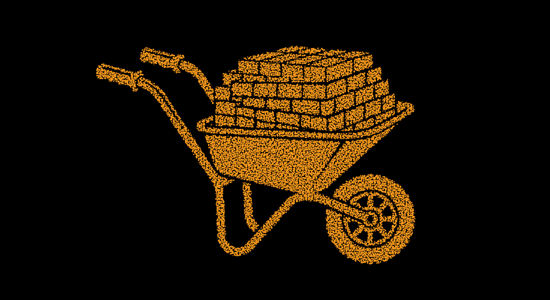 Wheelbarrow loaded with bricks for construction and building projects on black background.