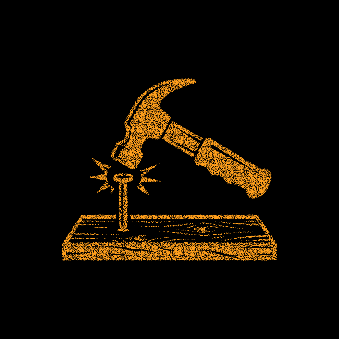 Hammer striking iron nail into wooden board with orange stippled texture for home construction and woodworking repair task.