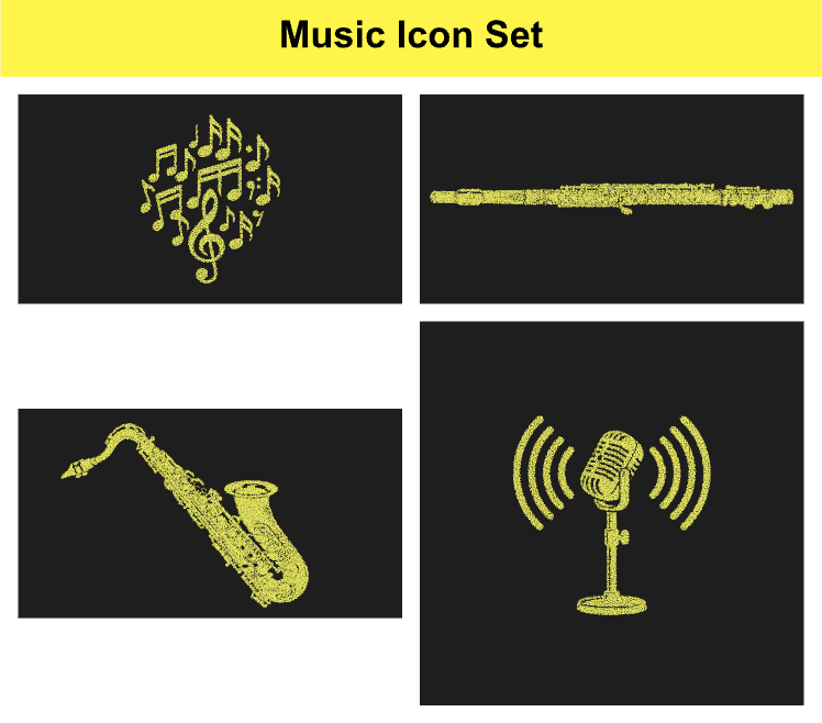 Music icon set features various instruments and symbols like notes, flutes, saxophones, and microphones on dark background.