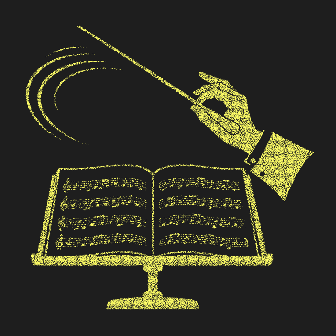 Conductor hand holding a baton over open sheet music in a golden dotted style for classical music themes.