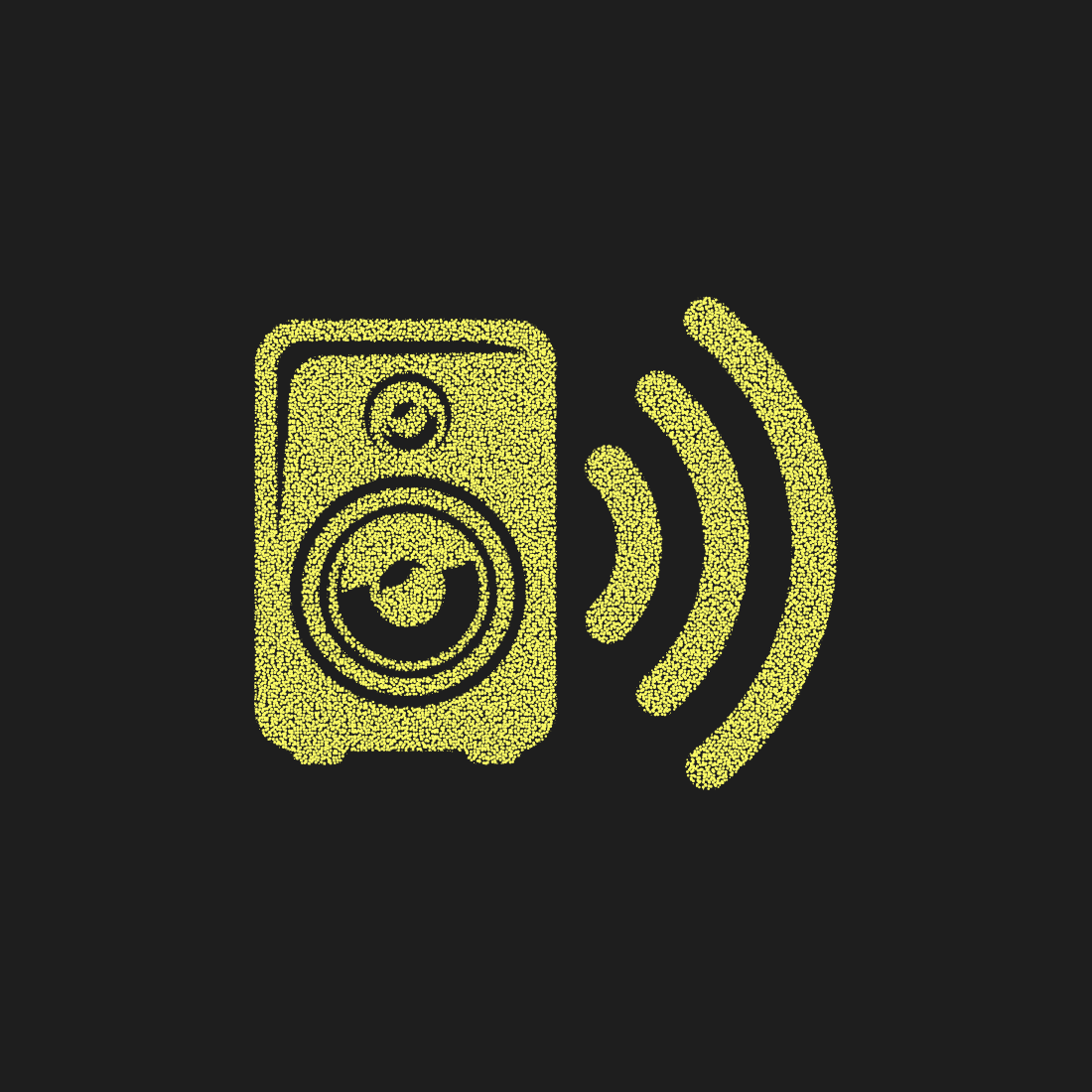 Speaker icon with sound waves for audio and sound system themes on black background.