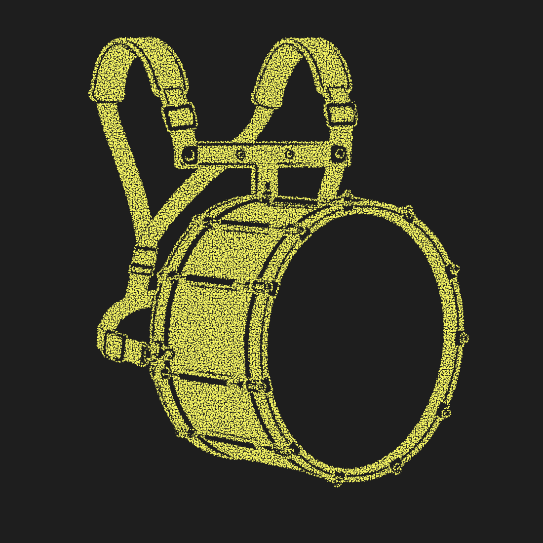 Yellow stippled marching bass drum with shoulder harness strap for school parade band and outdoor music event illustrations.
