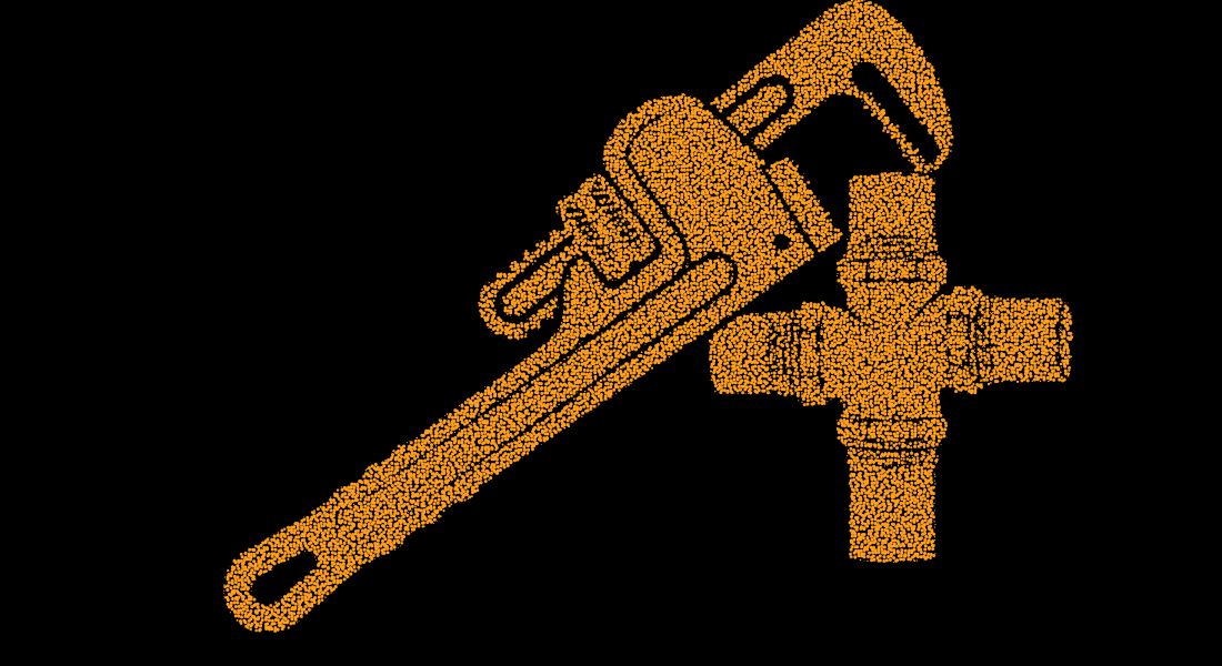 Plumbing pipe wrench gripping metal cross fitting orange stipple art for home repair and professional plumbing services.