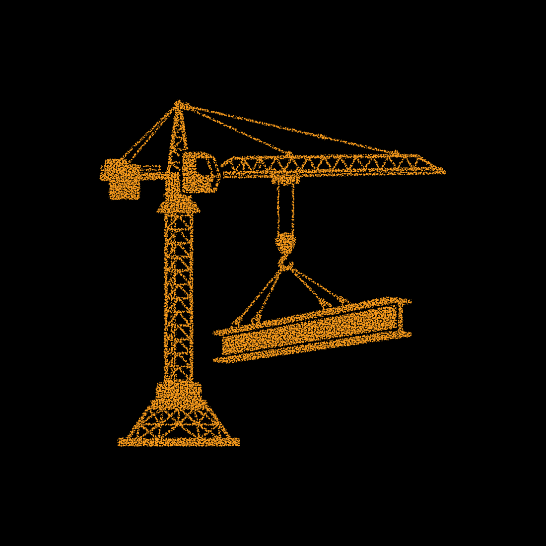 Construction tower crane lifting heavy steel industrial beam orange stipple art for building and engineering projects.